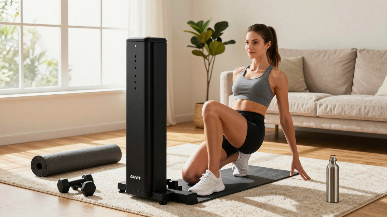 Mulher a fazer exercício no chão de uma sala iluminada com colchonete, halteres e garrafa de água à sua frente.