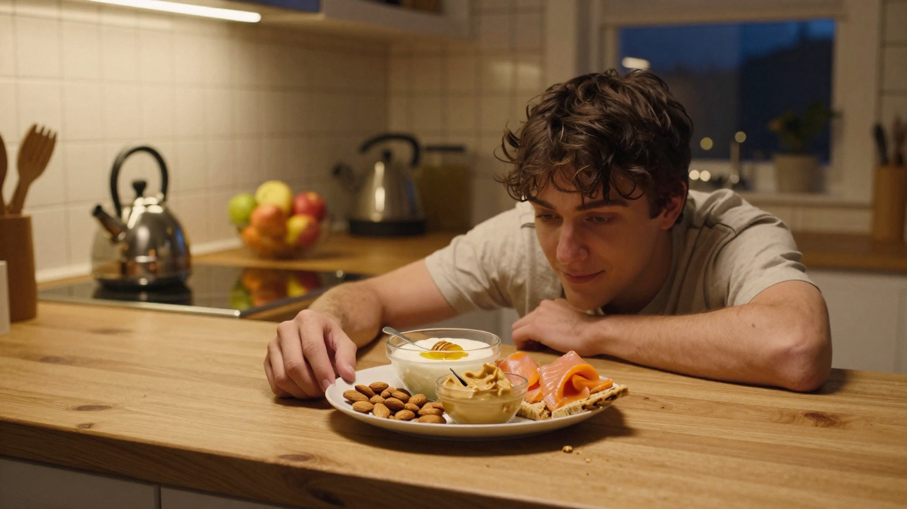 Jovem sentado à mesa da cozinha, observando frutos secos, iogurte, pasta de amendoim e tostas com salmão.