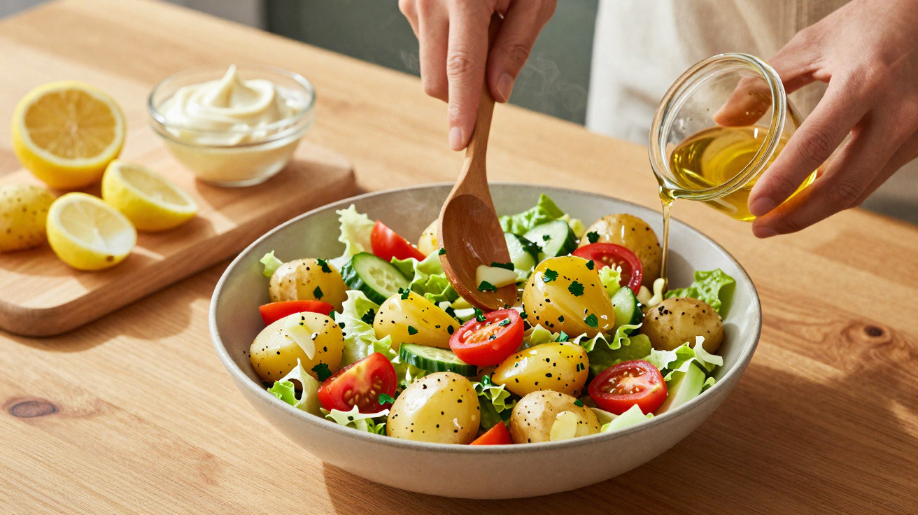 Salada de batatas, alface, tomate-cereja e pepino com azeite a ser regada e limão ao lado.