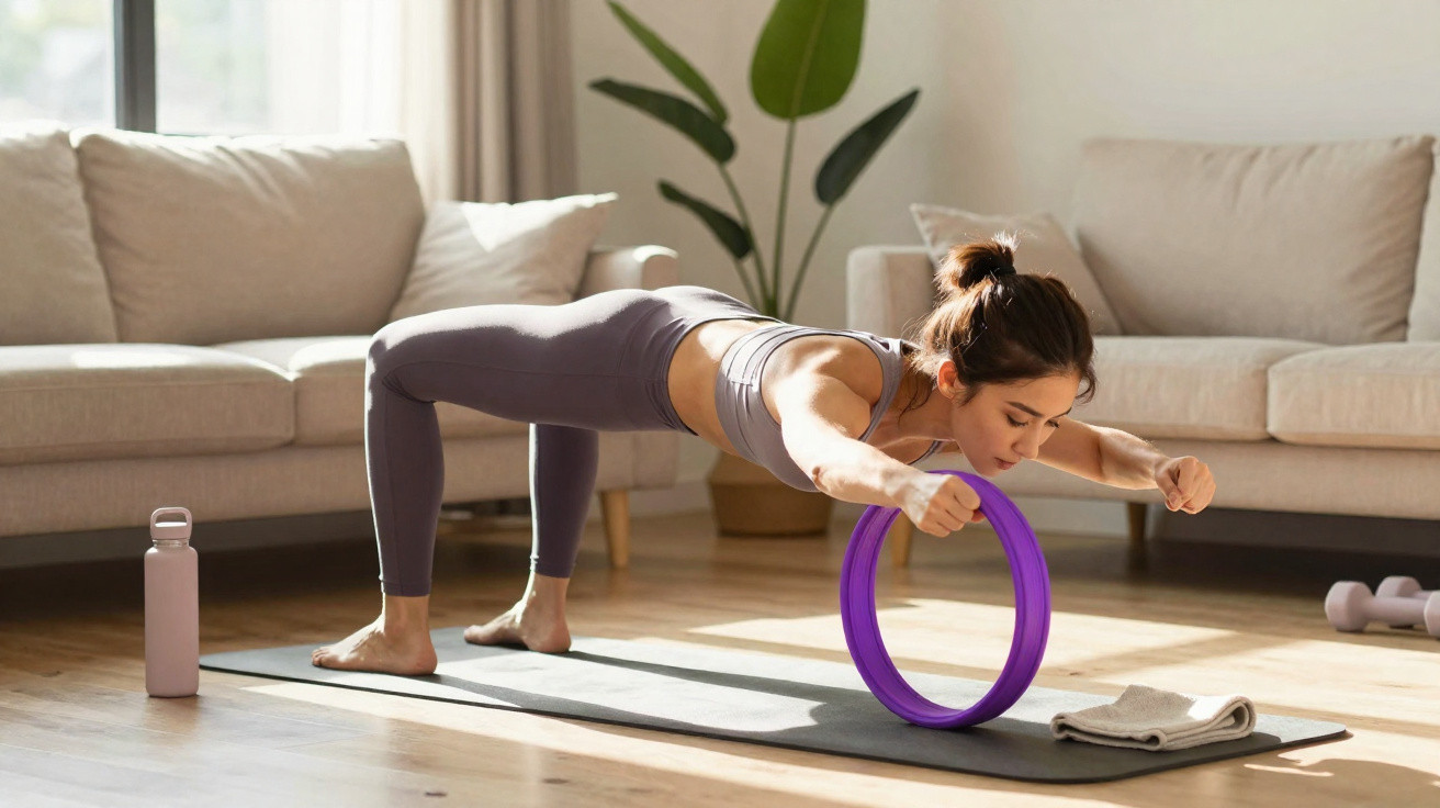 Mulher a fazer ponte com apoio em roda de yoga, em sala com tapete, garrafa e halteres.