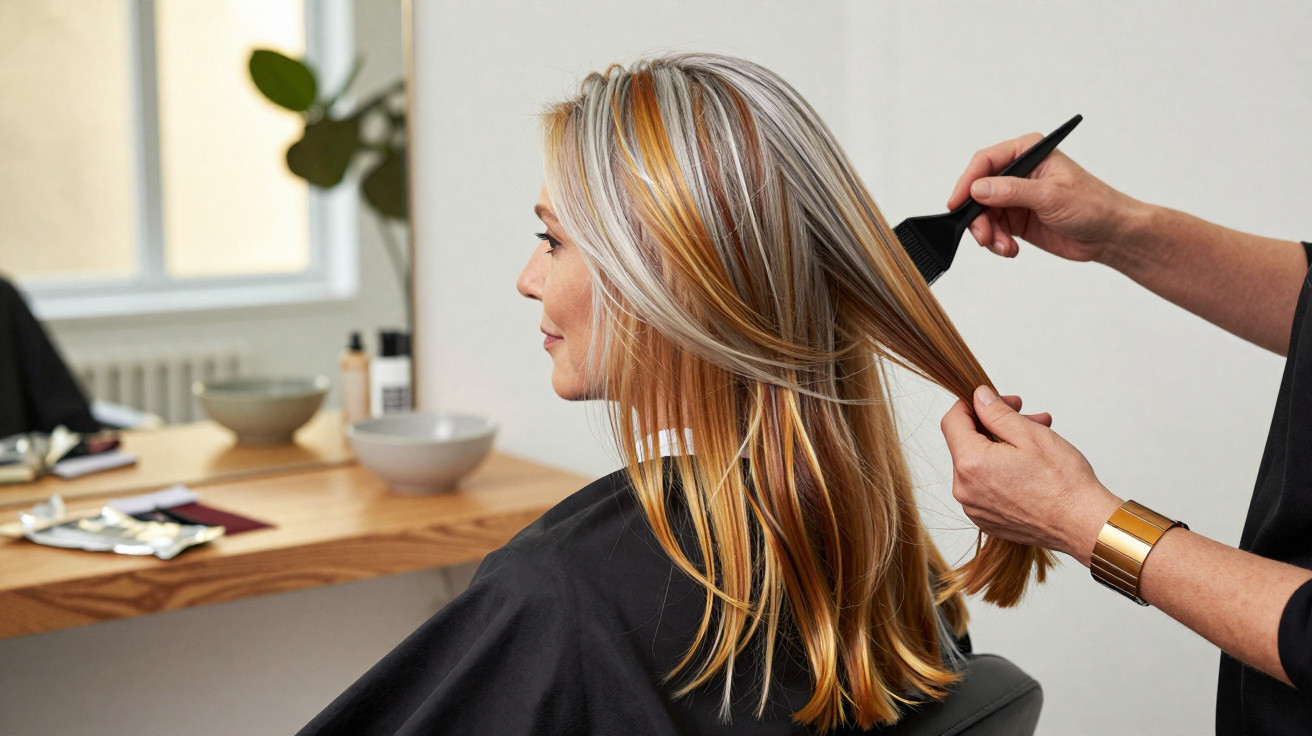 Mulher loira com mechas castanhas a receber coloração no cabelo num salão de beleza.