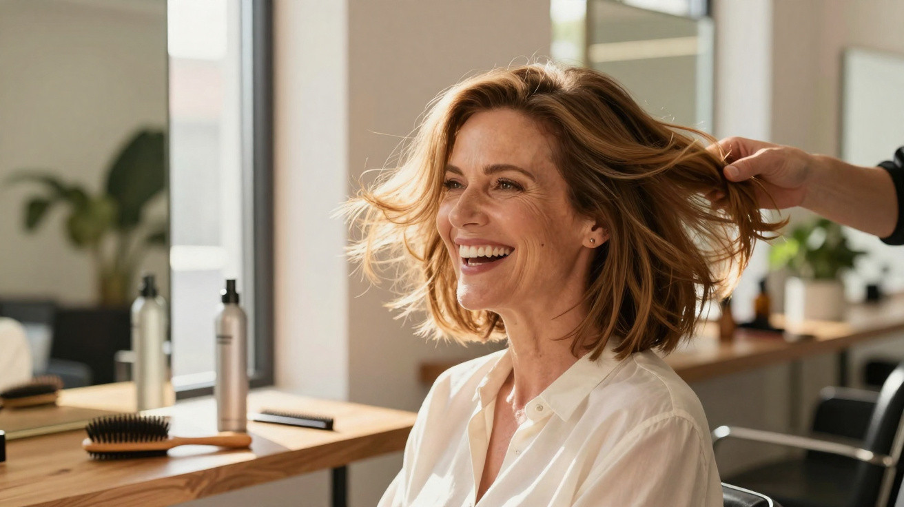 Mulher sorridente com cabelo médio a ser penteado num salão de cabeleireiro iluminado naturalmente.