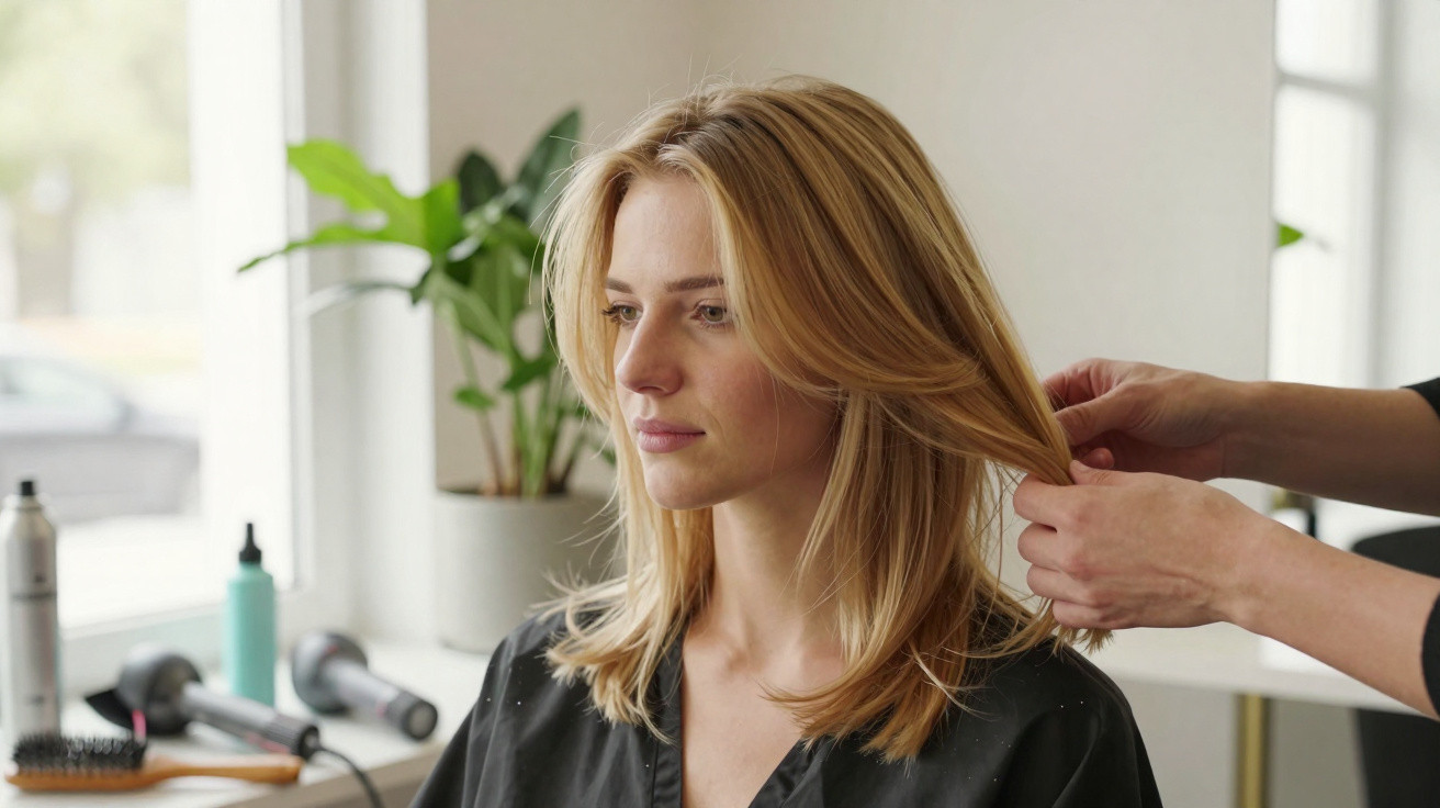 Mulher loira num salão de cabeleireiro a ter o cabelo arranjado por um profissional.