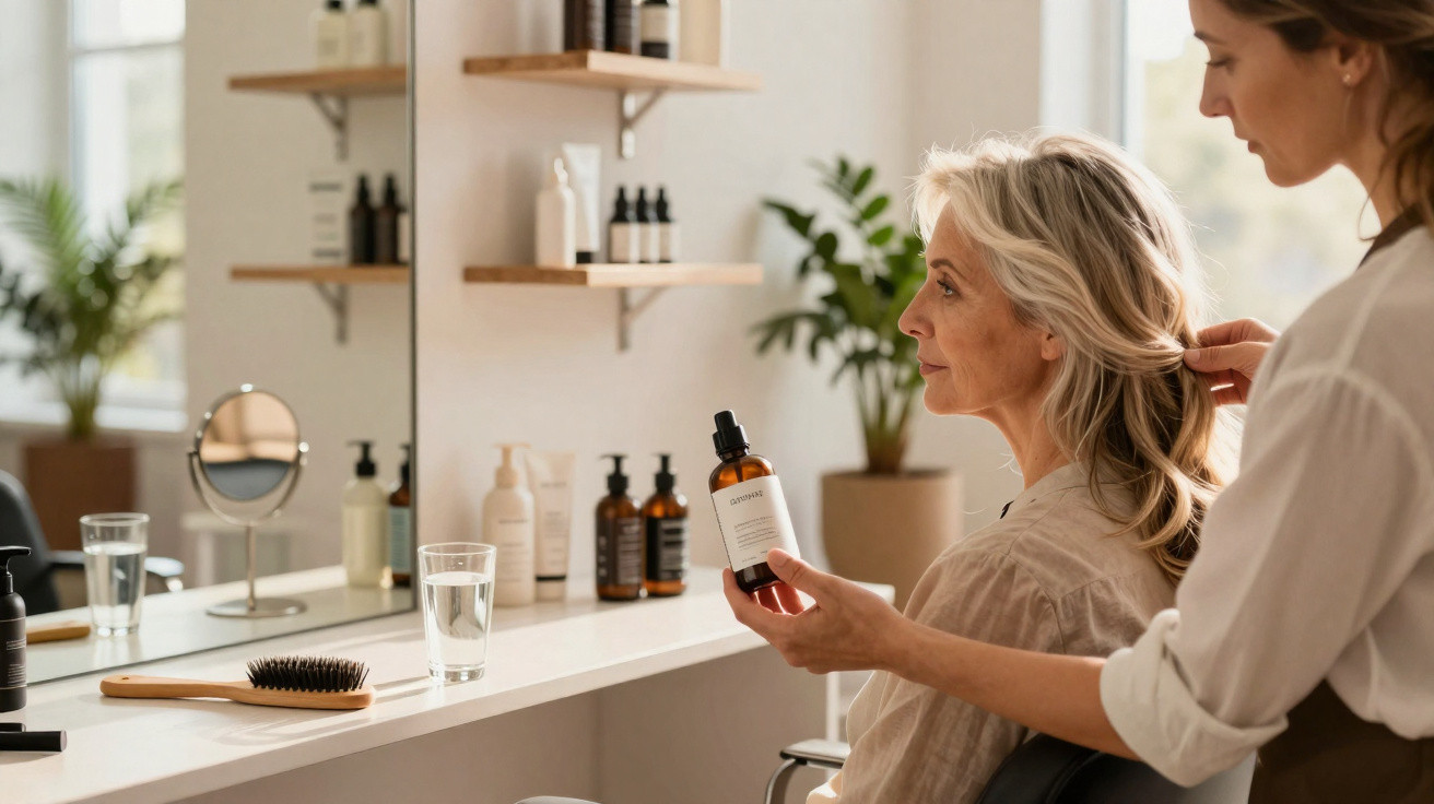 Mulher aplicando óleo capilar num cabelo cinzento de uma cliente numa cadeira de cabeleireiro.