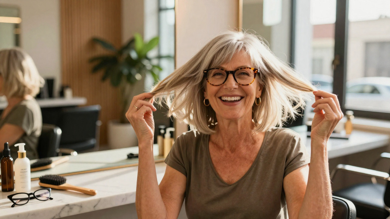 Mulher sorridente de cabelos grisalhos, de óculos e regata cinza, a tocar o cabelo num salão de beleza iluminado.