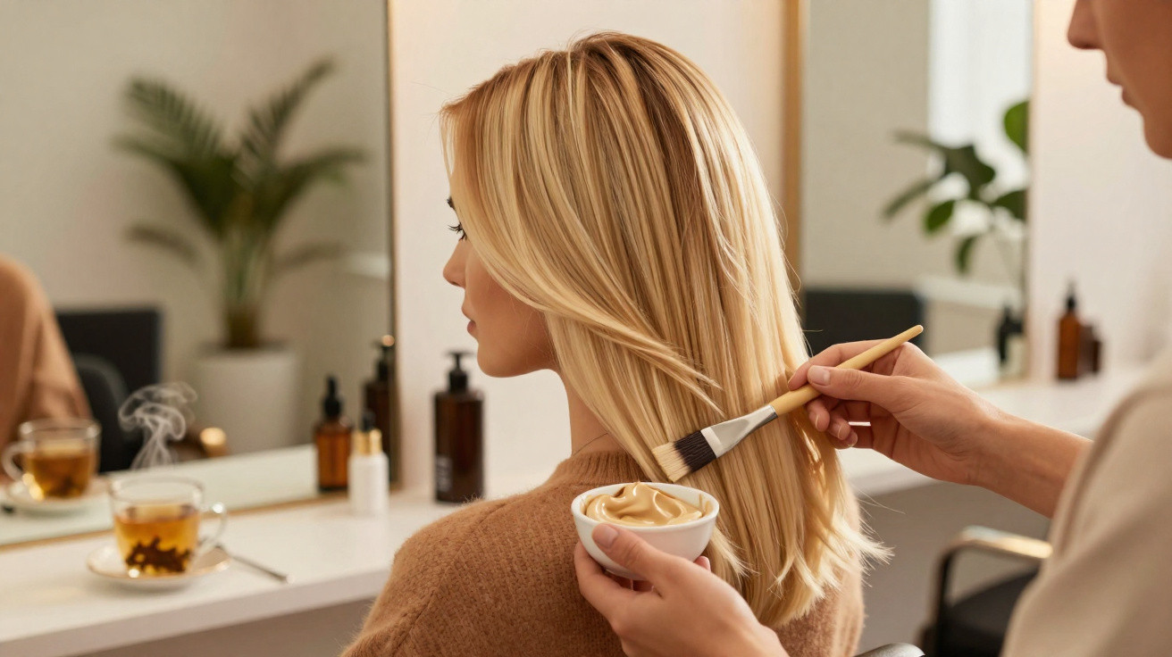 Cabeleireiro aplicando produto com pincel no cabelo liso e loiro de uma mulher num salão moderno.
