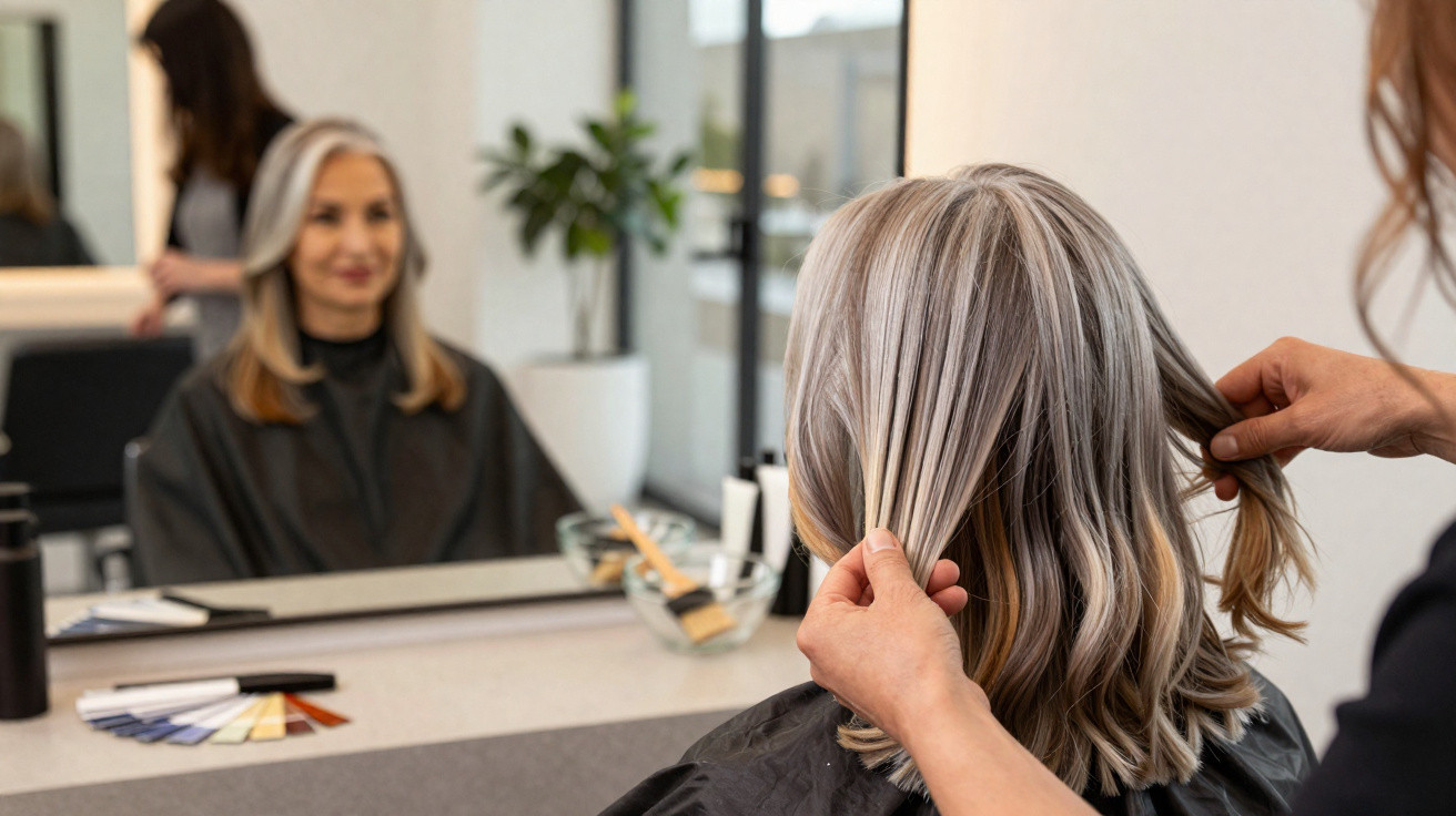 Cliente com cabelo grisalho a ser penteado por cabeleireira num salão moderno com espelho grande.