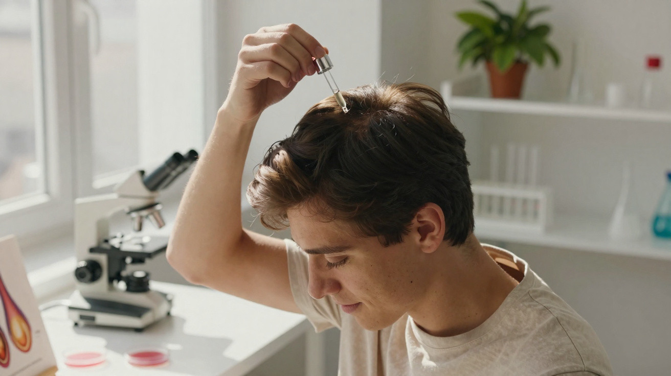 Jovem aplica solução no cabelo enquanto estuda em laboratório com microscópio e lâminas petri à frente.