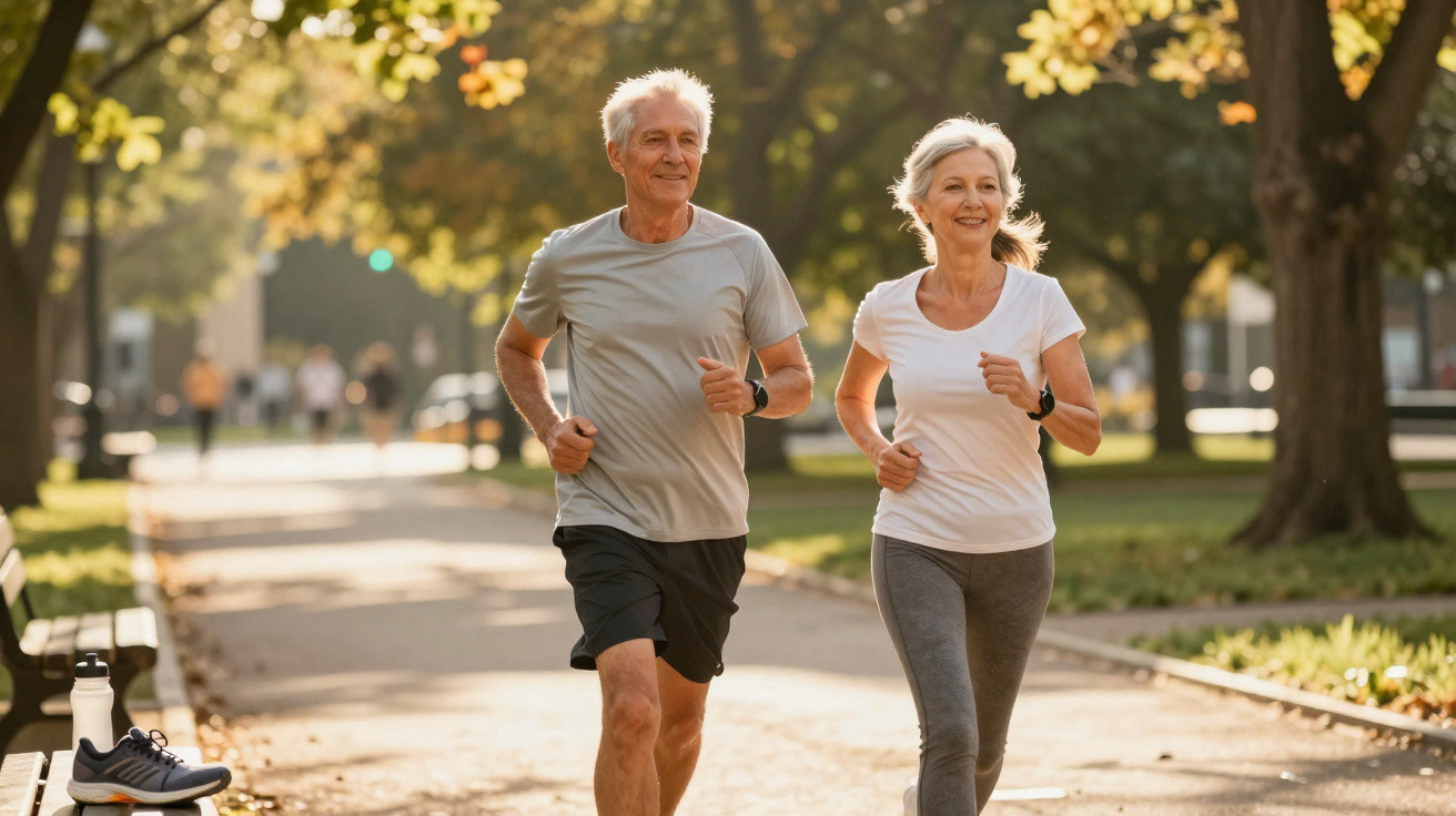 Casal sénior a correr no parque pela manhã, sorrindo e com roupa desportiva casual.