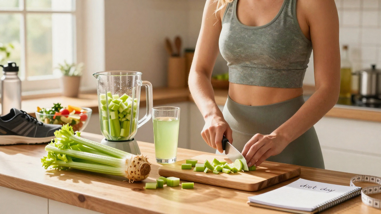 Mulher em roupa desportiva a cortar aipo numa cozinha com blender e ténis sobre a mesa.