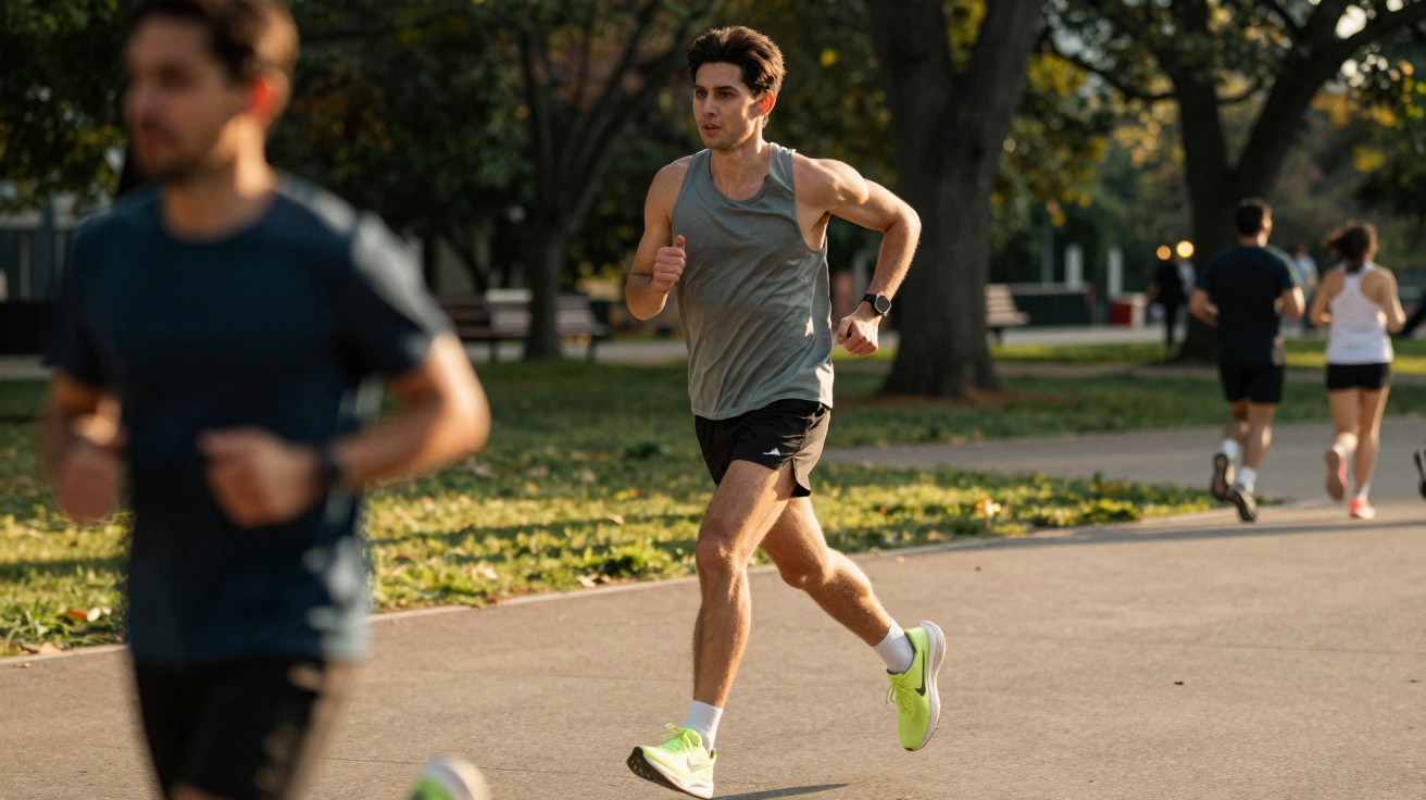 Homem a correr num parque urbano ao final da tarde, rodeado de árvores e outras pessoas a exercitar-se.