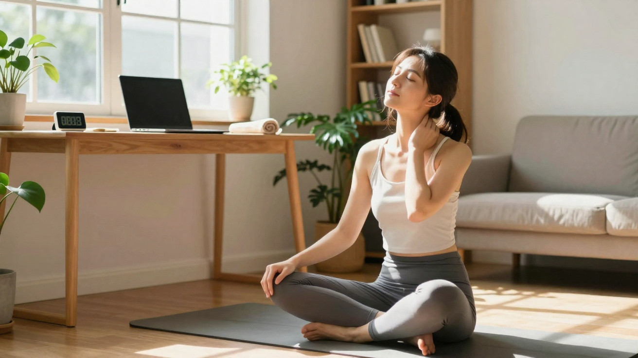 Mulher sentada no chão em posição de ioga a massagear o pescoço numa sala iluminada com laptop na mesa.
