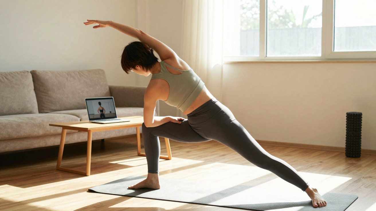 Mulher a fazer yoga em casa com instructor virtual num computador portátil na sala iluminada.