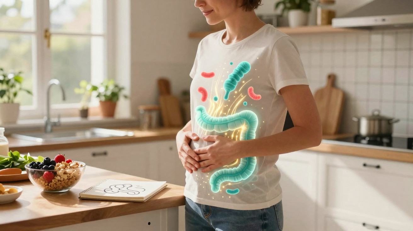 Mulher na cozinha com ilustração do intestino a indicar saúde digestiva.