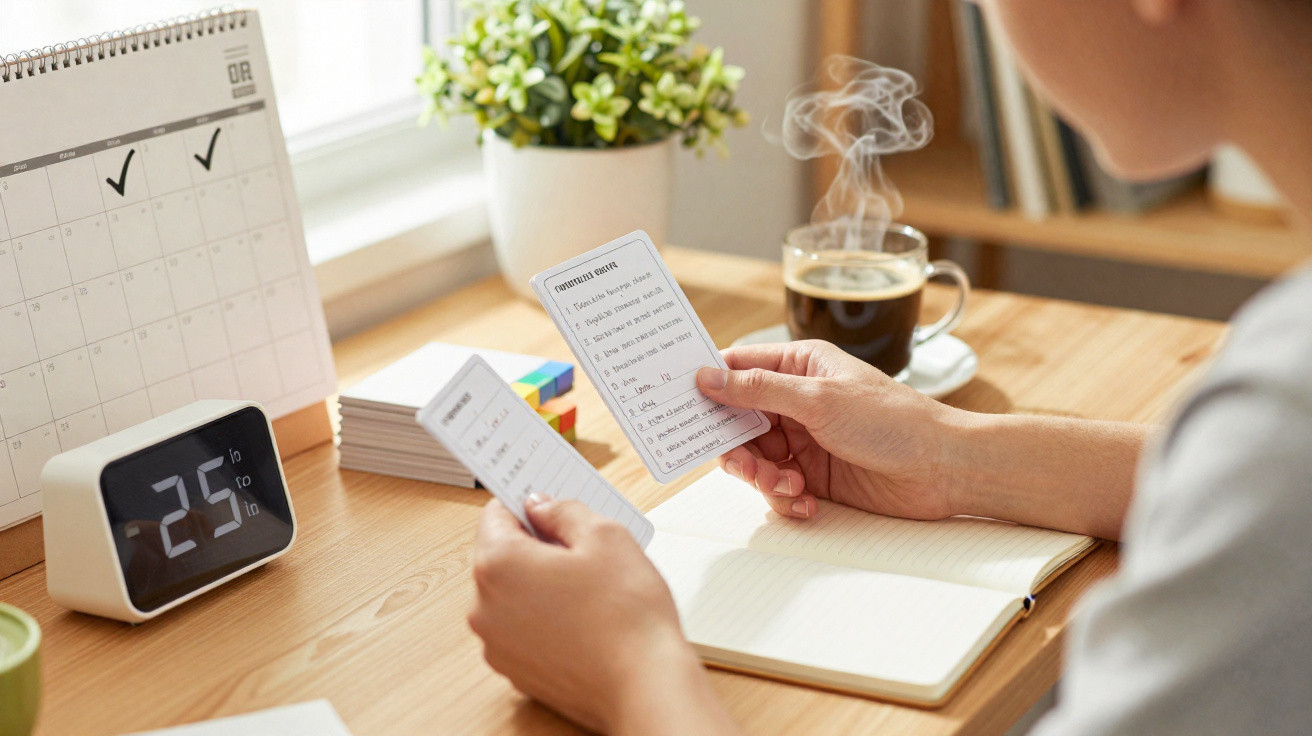 Pessoa a estudar com flashcards, agenda, relógio digital e chá quente numa mesa de madeira.