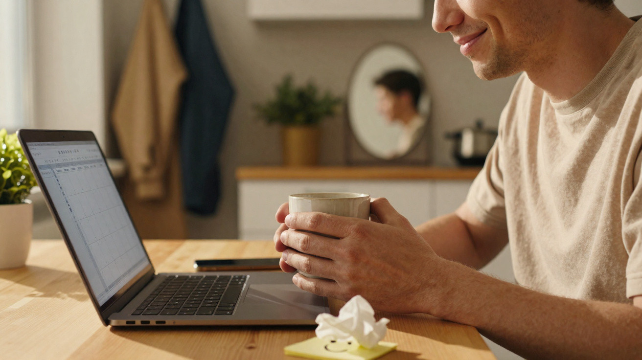 Pessoa sentada a sorrir enquanto segura uma caneca e olha para um computador portátil sobre uma mesa de madeira.