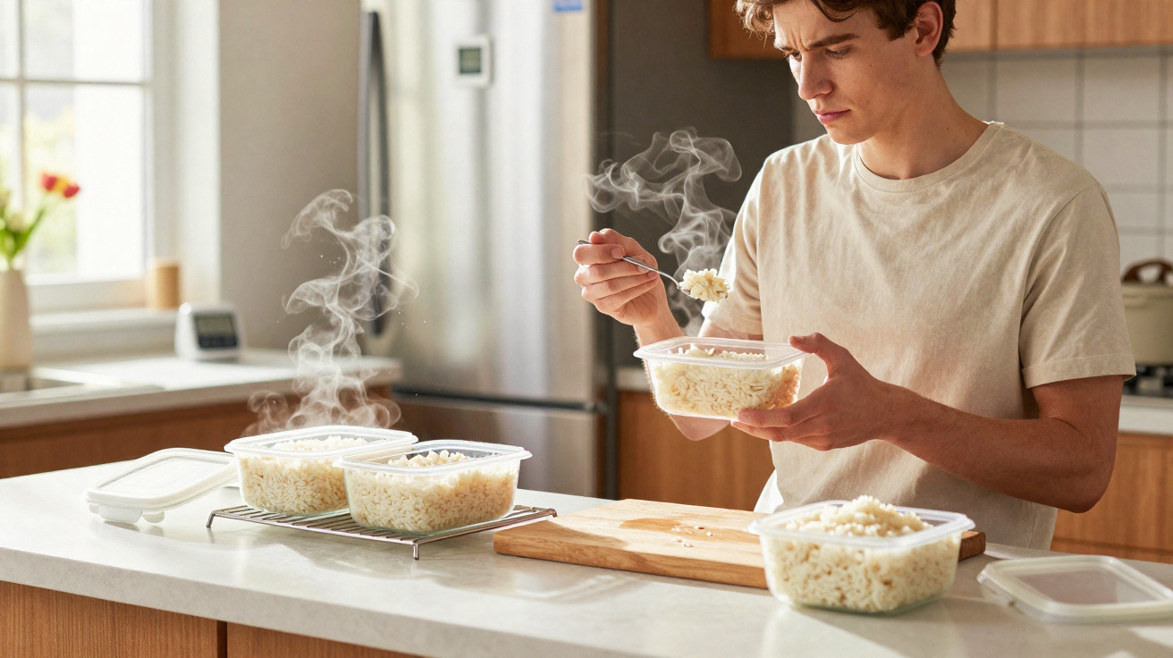 Homem a colocar arroz cozinhado em caixas plásticas numa cozinha moderna e bem iluminada.