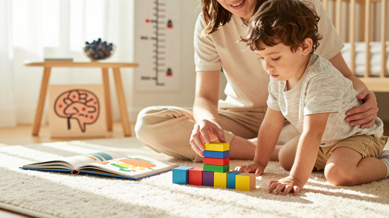 Criança e mulher sentadas no chão a brincar com blocos de construção e livros infantis num ambiente acolhedor.