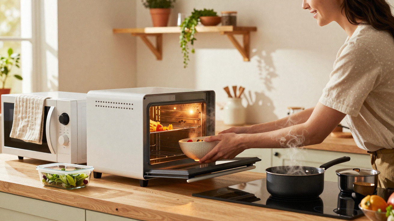 Pessoa a retirar tigela quente de forno elétrico numa cozinha luminosa e com plantas.