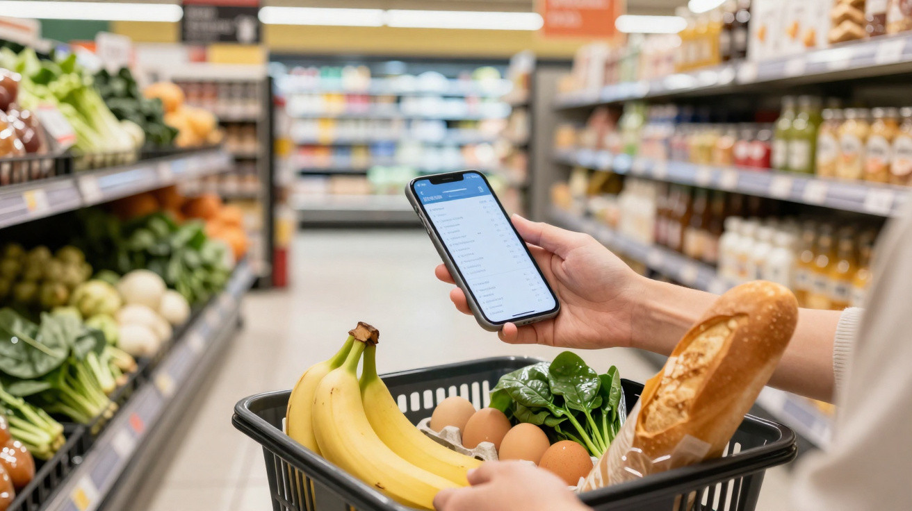 Pessoa segurando telemóvel e carrinho de compras com frutas, legumes, ovos e pão numa mercearia.