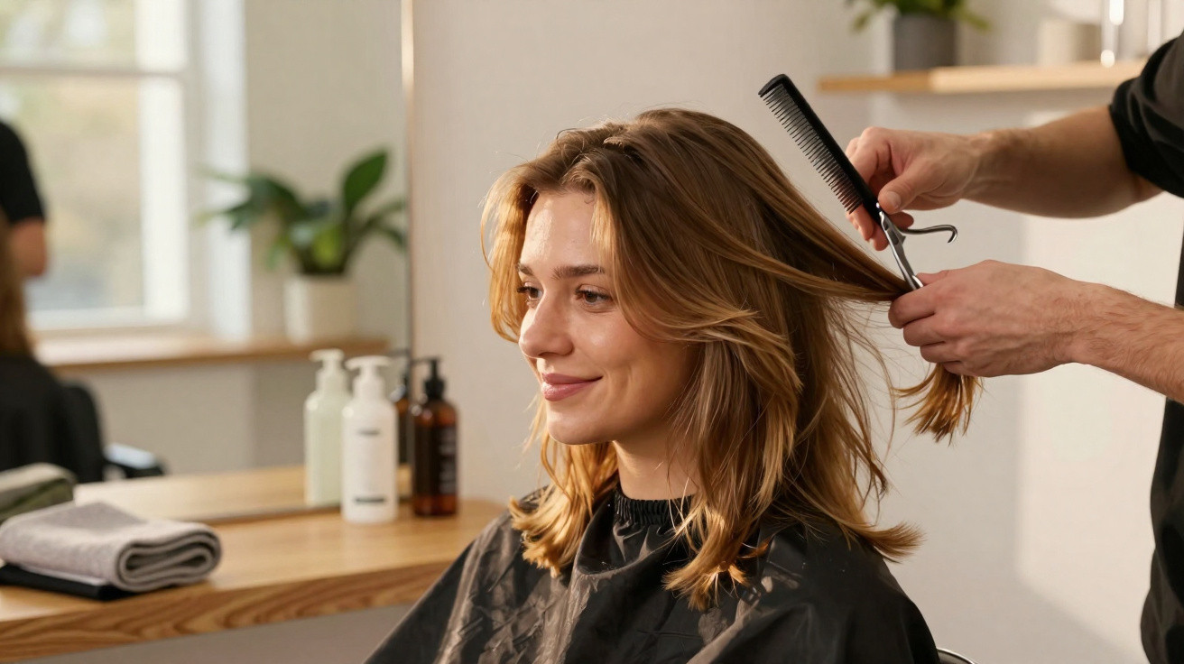 Mulher sorridente a cortar o cabelo num salão de cabeleireiro moderno e bem iluminado.