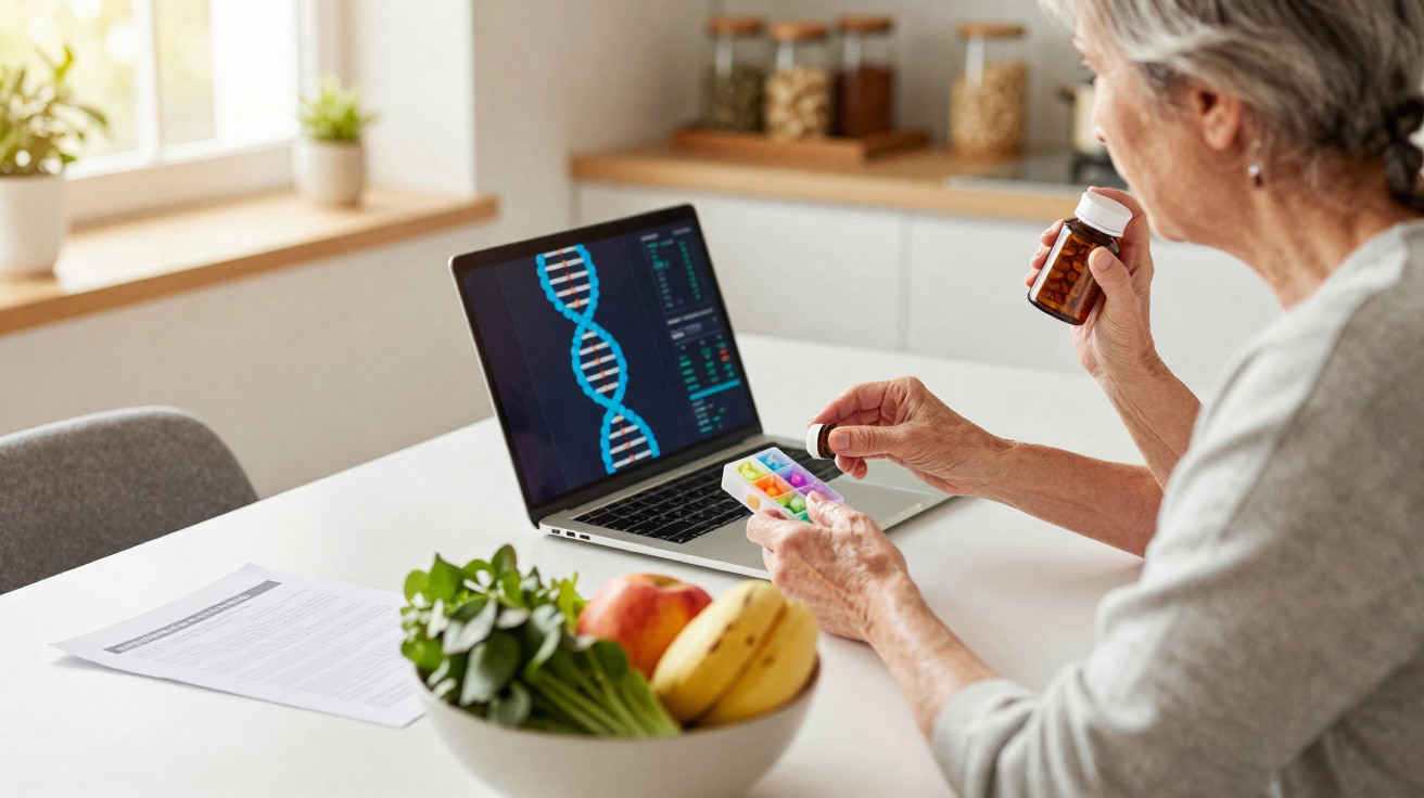 Mulher idosa a organizar medicação à frente de computador com imagem de cadeia de ADN na tela numa cozinha.