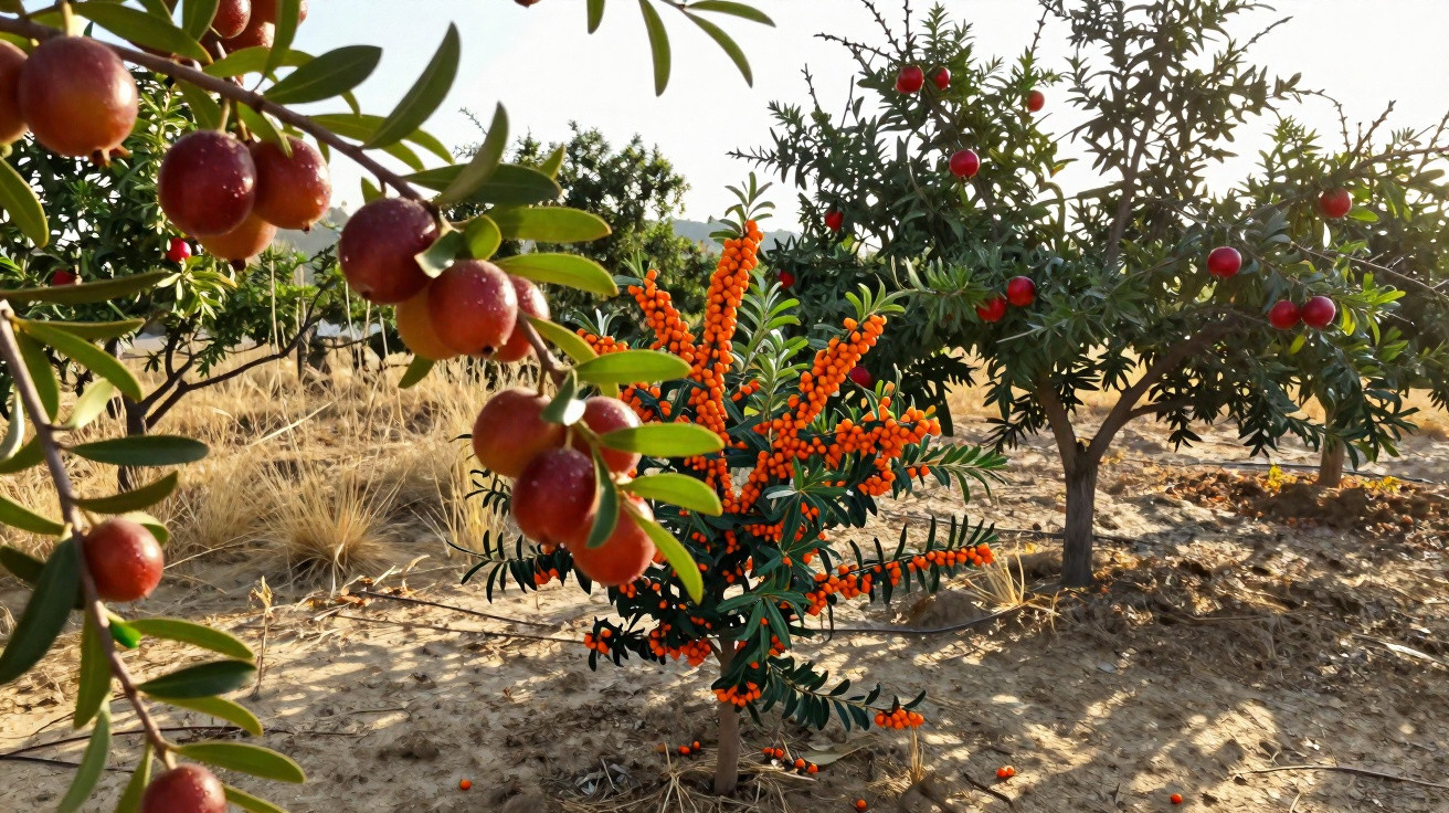 Planta com bagas laranjas e árvores com frutos vermelhos num campo seco ao entardecer.