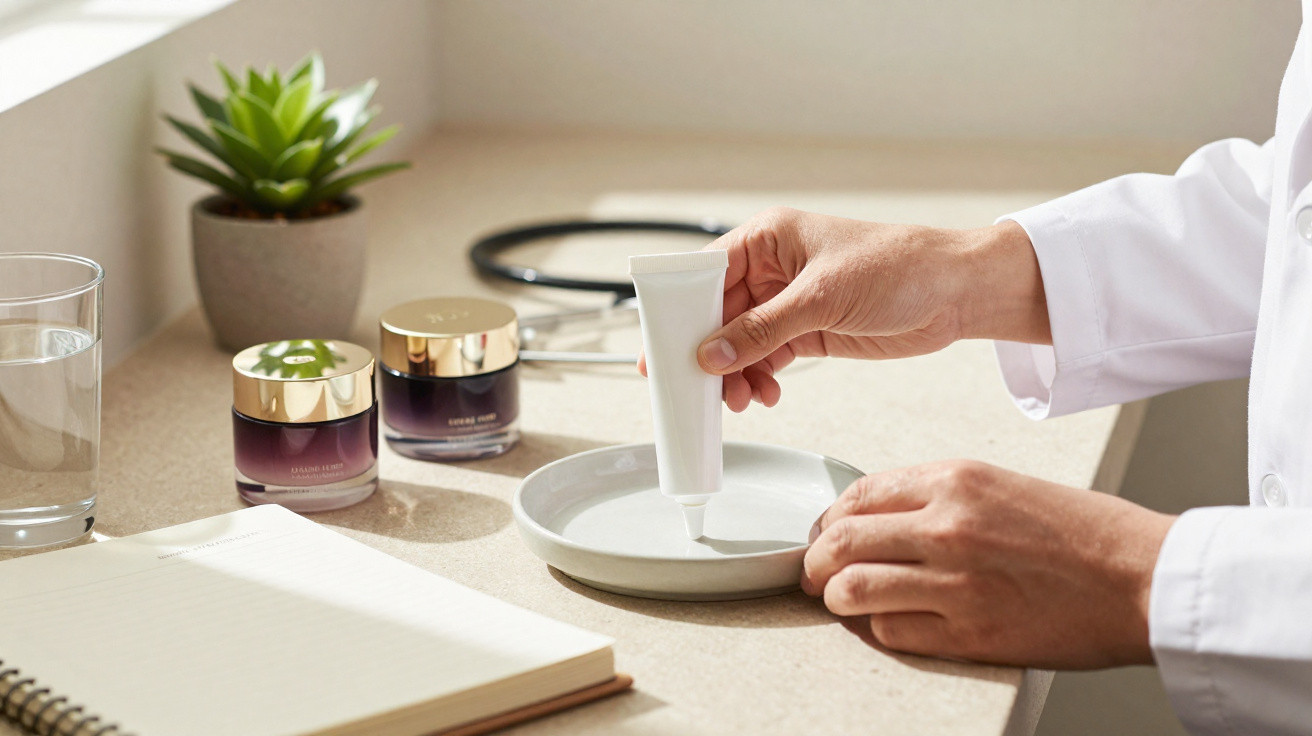Mãos de pessoa a espremer creme de tubo num prato com frascos de cosmético, caderno e planta na mesa.