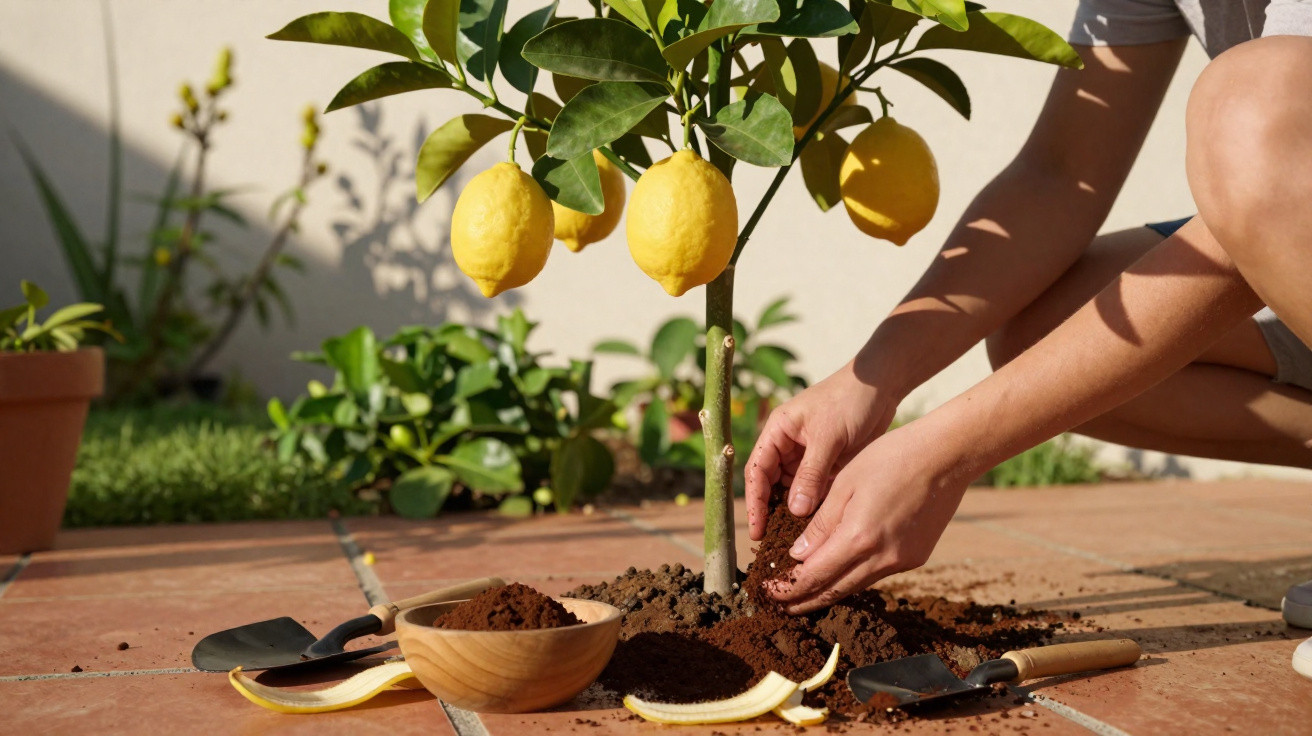 Pessoa a cuidar da base de um limoeiro com frutos amarelos num espaço exterior ensolarado.