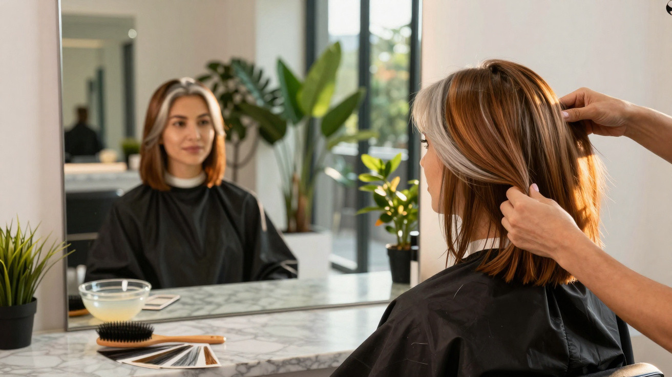 Mulher sentada num cabeleireiro a ver o seu cabelo pintado com madeixas loiras ao espelho.