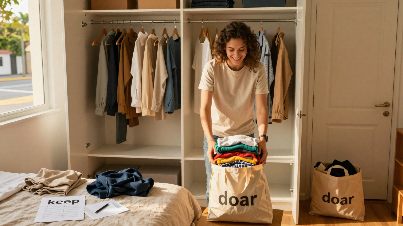 Mulher feliz a organizar roupas para doar em saco numa divisão bem iluminada com armário aberto ao fundo.