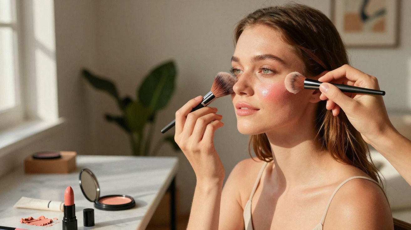 Mulher a receber maquilhagem com pincéis de blush no rosto, com luz natural e produtos numa mesa.
