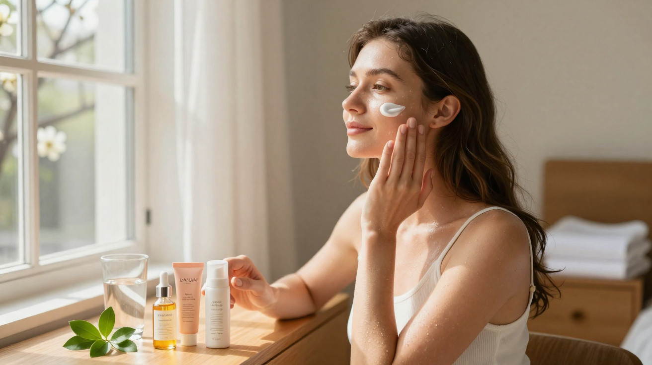 Mulher a aplicar creme facial junto a uma janela com produtos de cuidados na mesa de madeira.