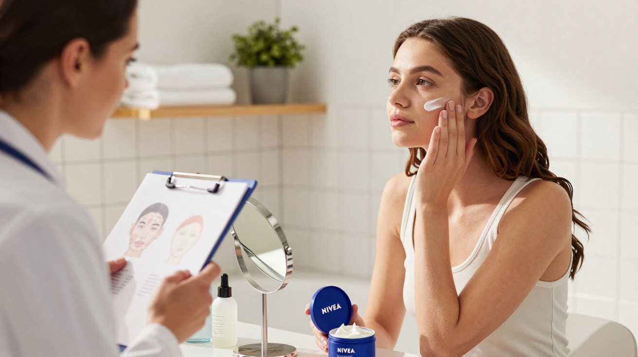 Mulher aplica creme facial Nivea enquanto conversa com profissional num consultório de cuidados de pele.