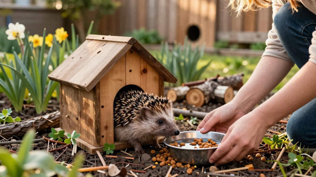 Ouriço a sair de uma casa de madeira enquanto uma pessoa lhe coloca uma taça com comida no jardim.