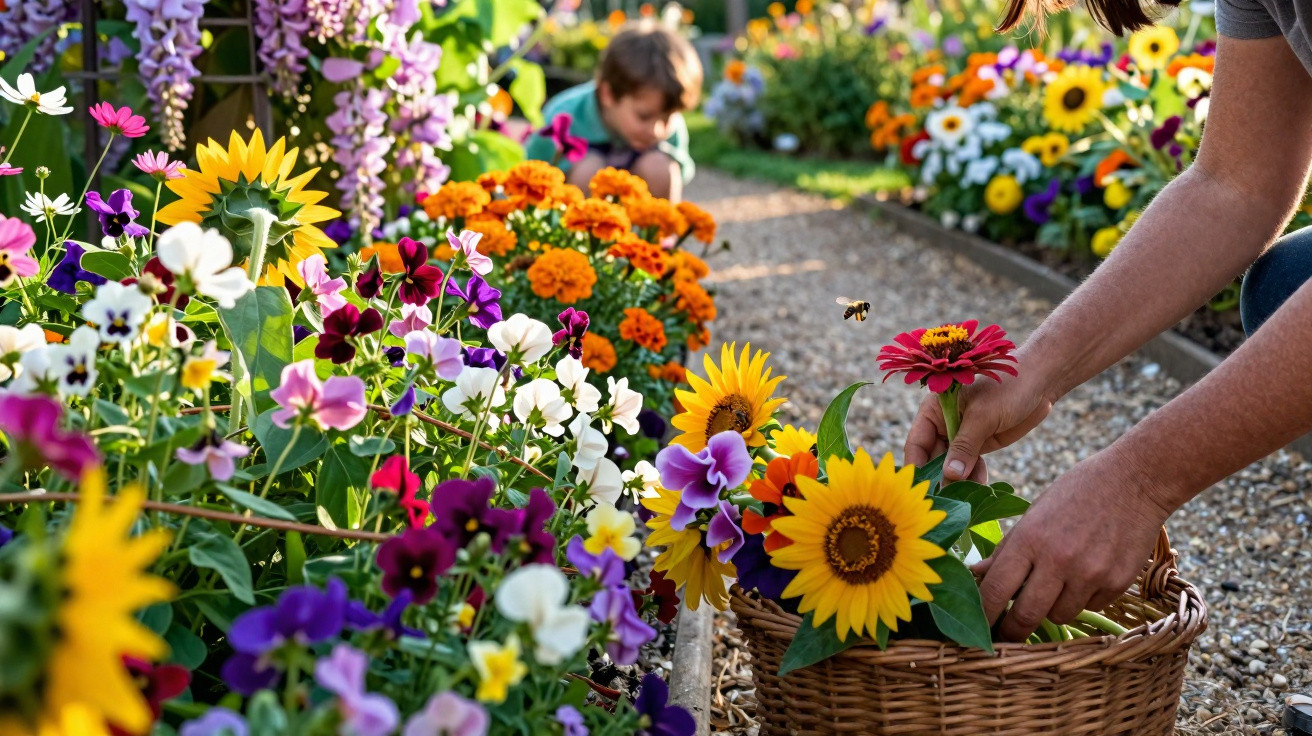 Pessoa a apanhar flores coloridas num jardim com várias flores e criança ao fundo.