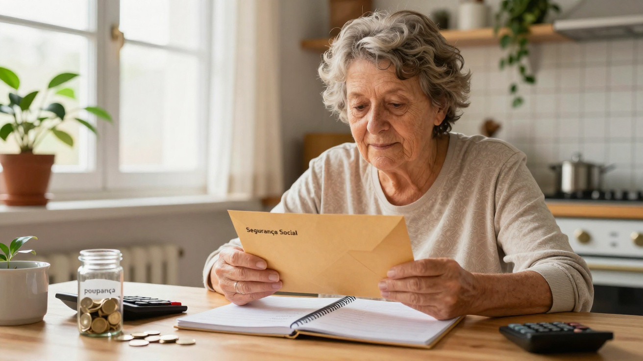 Idosa a ler carta da Segurança Social enquanto está à mesa com caderno, jarro de moedas e calculadora.